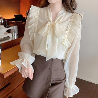 Elegant Bowknot Flouncing Chiffon Shirt modakawa