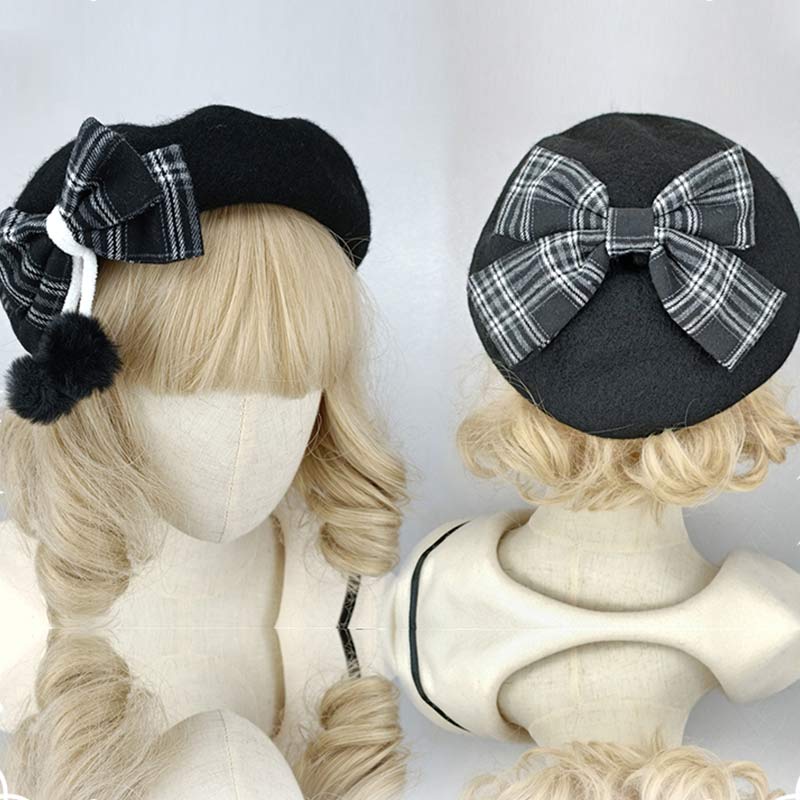 Vintage Bow Knot Plaid Lolita Beret modakawa