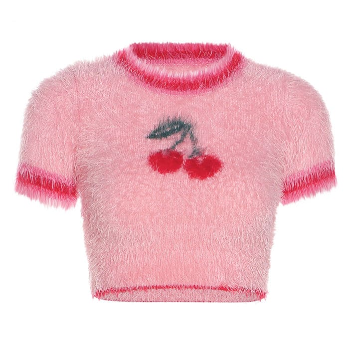 Cherry Fuzzy Crop Top - Free Size / Pink - Tops