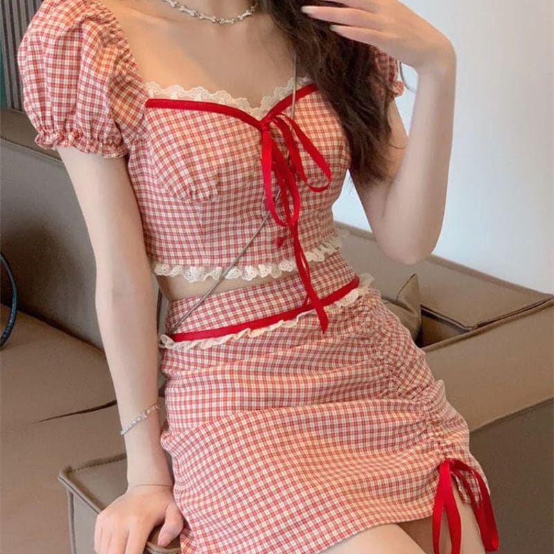 Cherry Plaid Summer Two Pieces Dress - Skirt / S