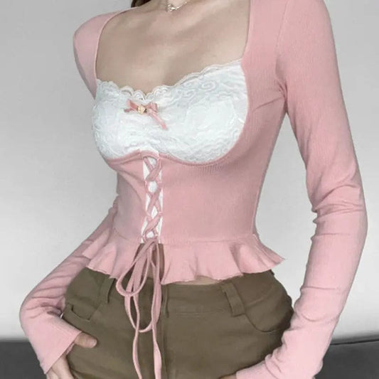 Kawaii Aesthetic Y2K Cute Fairy Coquette Pink Long Sleeve Top MK Kawaii Store