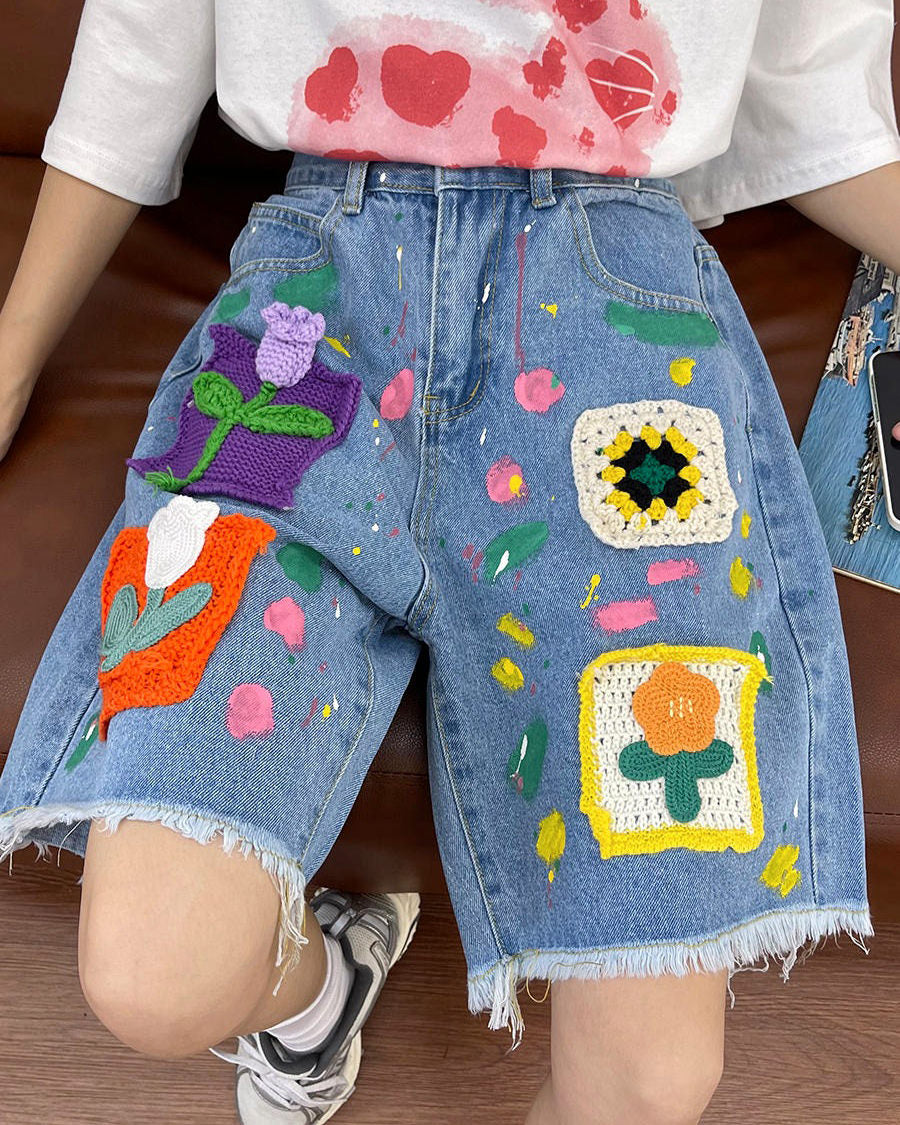 Cartoon Flower Denim Shorts Boogzel Clothing