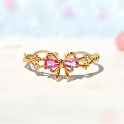 Kawaii Aesthetic Y2K Cute Fairy Chic Adjustable Crystal Floral Bowknot Ribbon Ring MK Kawaii Store