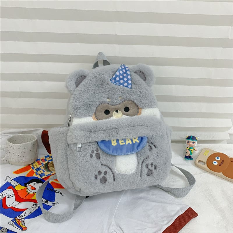 Cute Brown Bear Plush Backpack - Grey