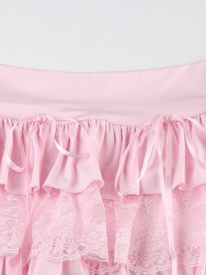 Pink Lace Layered Skirt SpreePicky