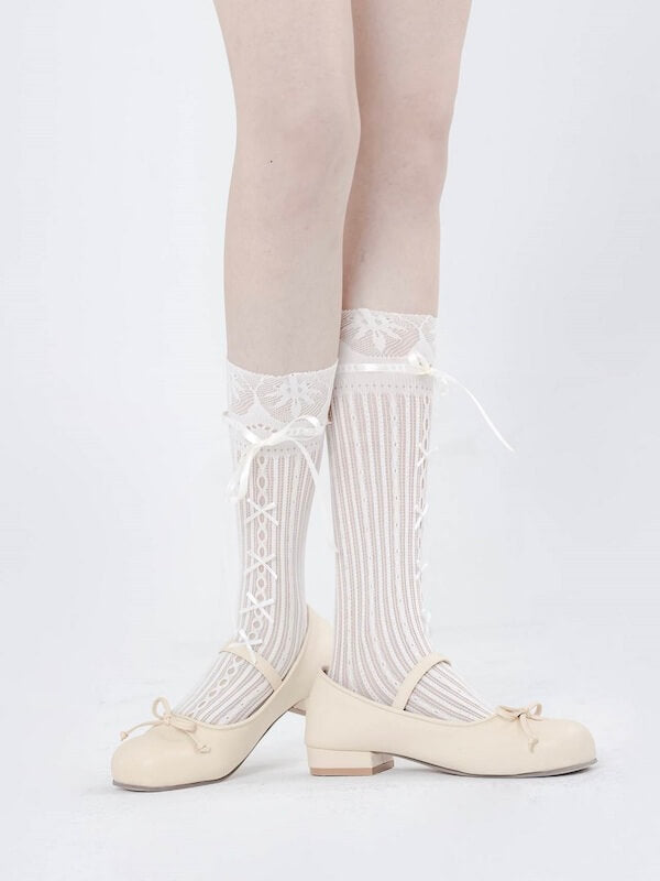 Cute Lace Stripe Bow Stockings SpreePicky