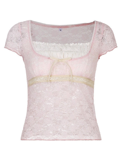 Floral Hollow Lace Bow Top SpreePicky