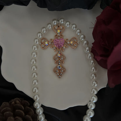 Pearl Cross Diamond Necklace SpreePicky