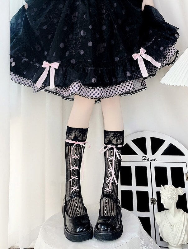 Cute Lace Stripe Bow Stockings SpreePicky