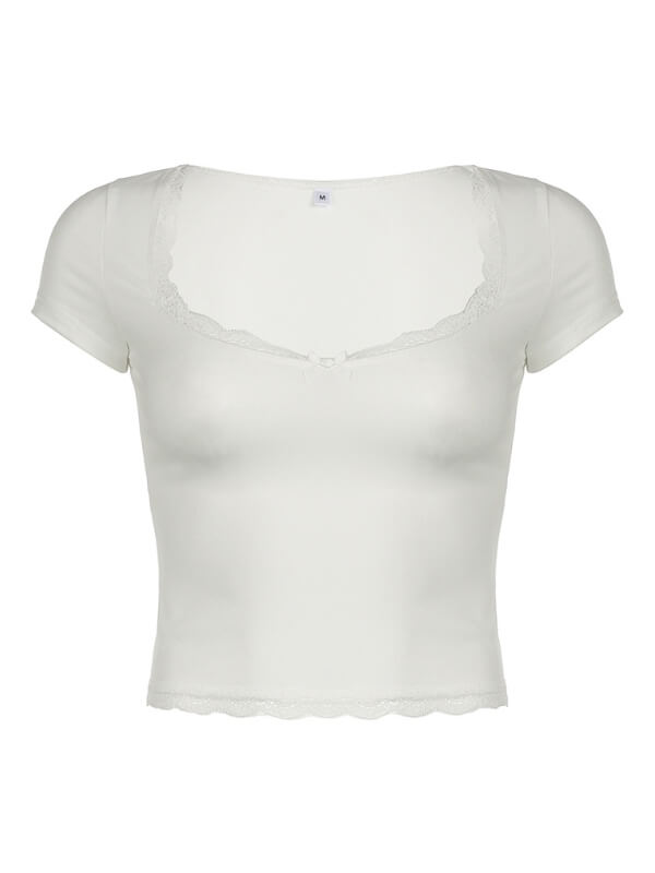 Square-cut Collar Lace Trim Top SpreePicky