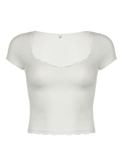 Square-cut Collar Lace Trim Top SpreePicky