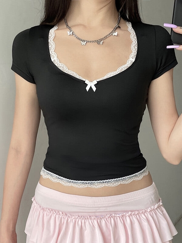 Square-cut Collar Lace Trim Top SpreePicky