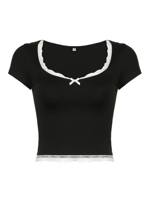 Square-cut Collar Lace Trim Top SpreePicky