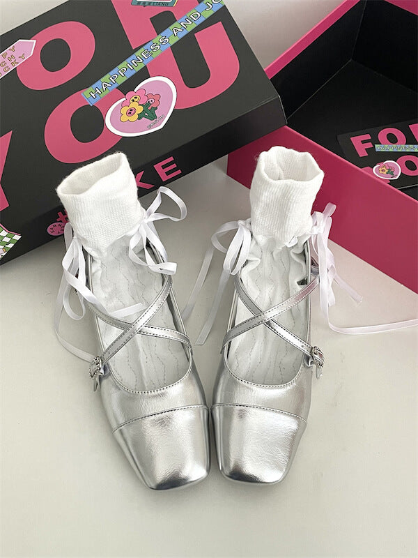 Silver Ballet Flats Shoes SpreePicky