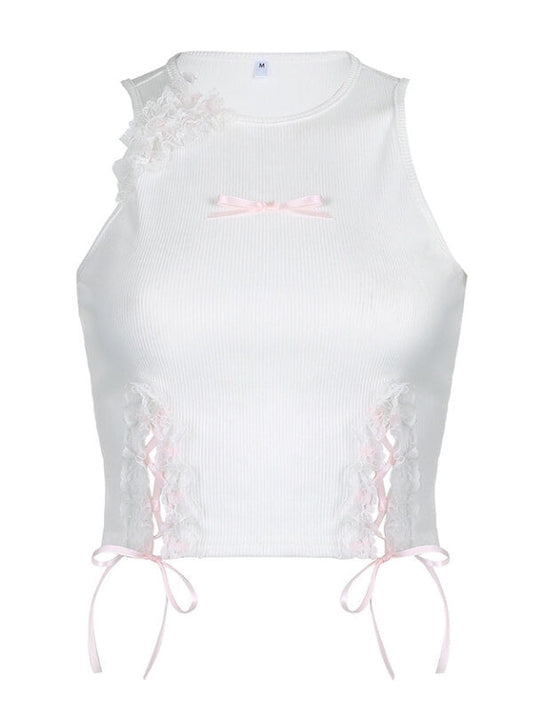 White Ribbon Sleeveless Top SpreePicky