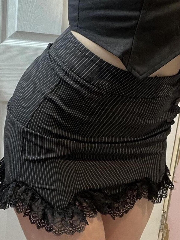 Black Stripes Lace Wrapped Skirt SpreePicky