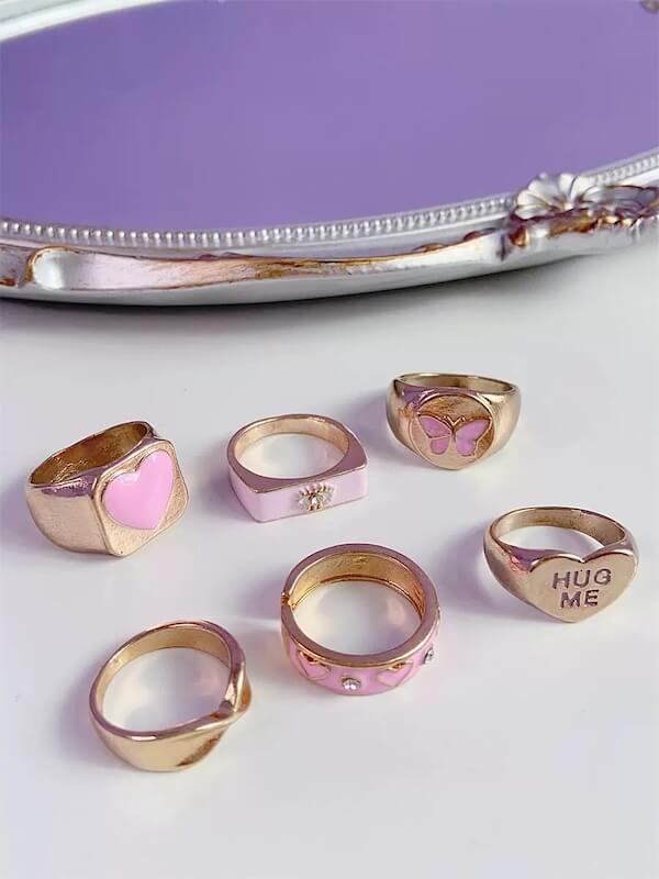 Fashion Pink Heart Rings 6 pieces SpreePicky