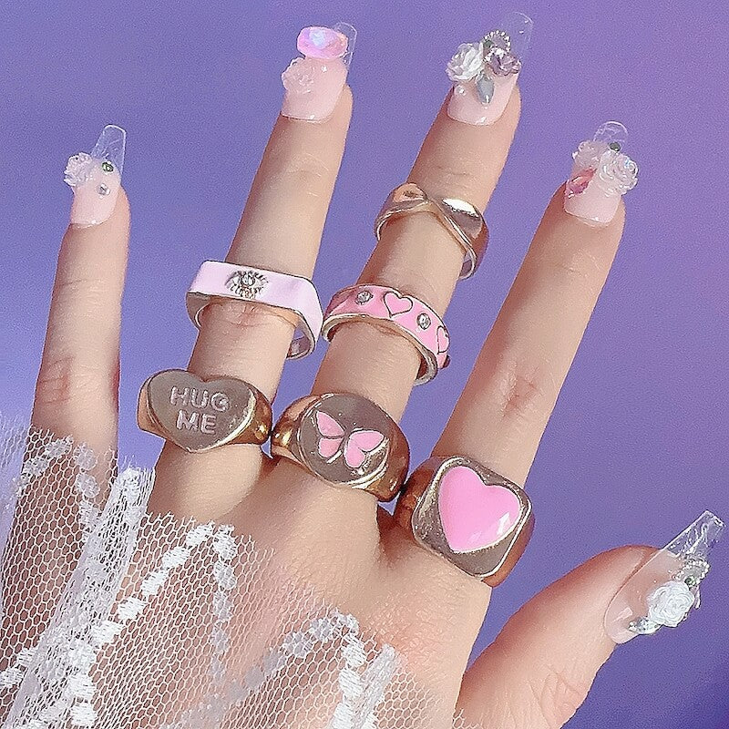 Fashion Pink Heart Rings 6 pieces SpreePicky