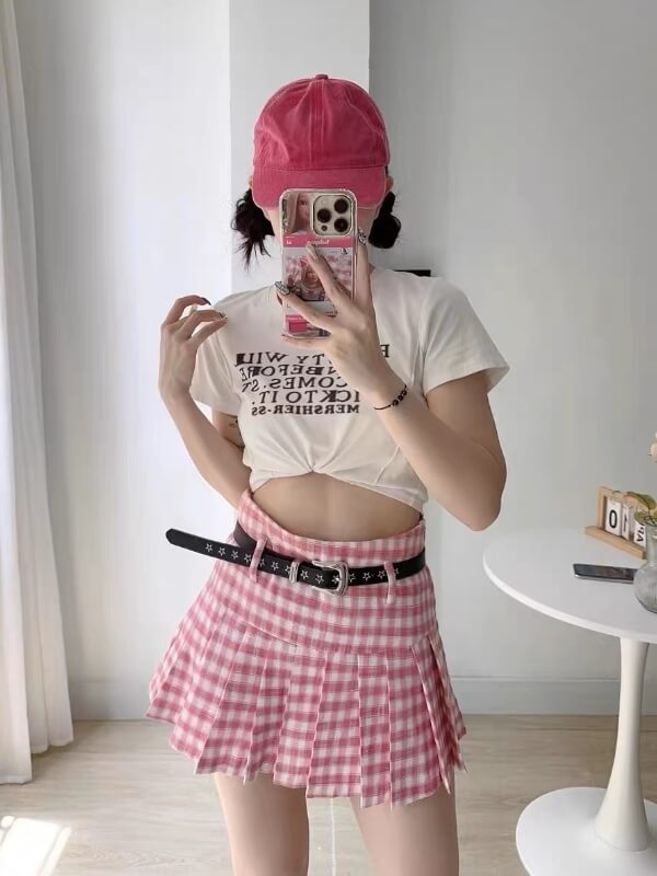 Pink Plaid Belt Skirt SpreePicky