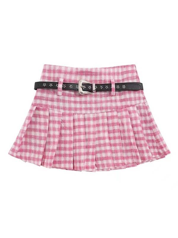 Pink Plaid Belt Skirt SpreePicky