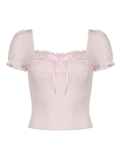 Princess Pink Bow Puff Sleeves Top SpreePicky