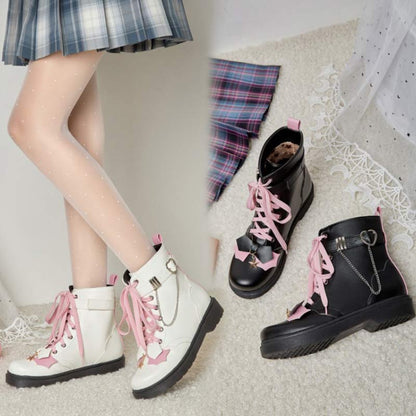 Pink Bow Knot Chain Lace-up Front Boots Modakawa