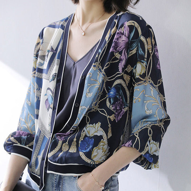 Retro Blue Bird Printed Shirt modakawa