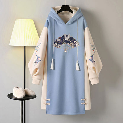 Blue Embroidery Loose Hoodie Vintage Sweatshirt Dress Modakawa