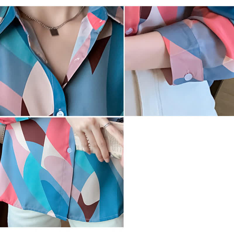 Chic Colorblock Long Sleeve Lapel Shirt modakawa