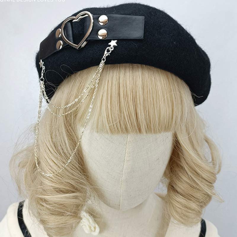 Y2K Love Heart Chain Lolita Beret modakawa