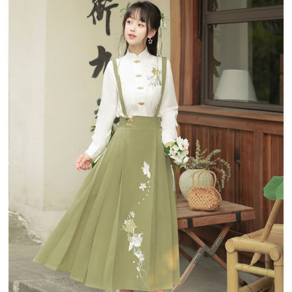 Buckle Floral Embroidery Green Dress Set modakawa