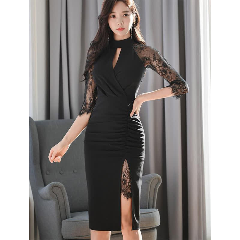 Slim Hollow Out Lace Sleeve Ruffled Split Black Dress modakawa