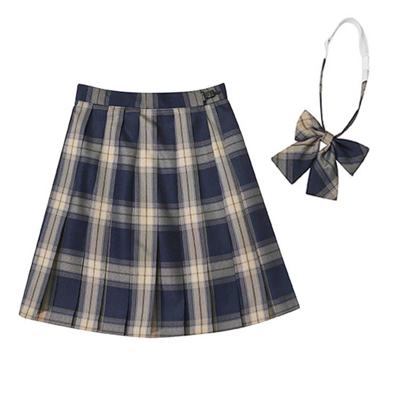 Plaid Print Pleated Skirt Bow Tie Set Modakawa