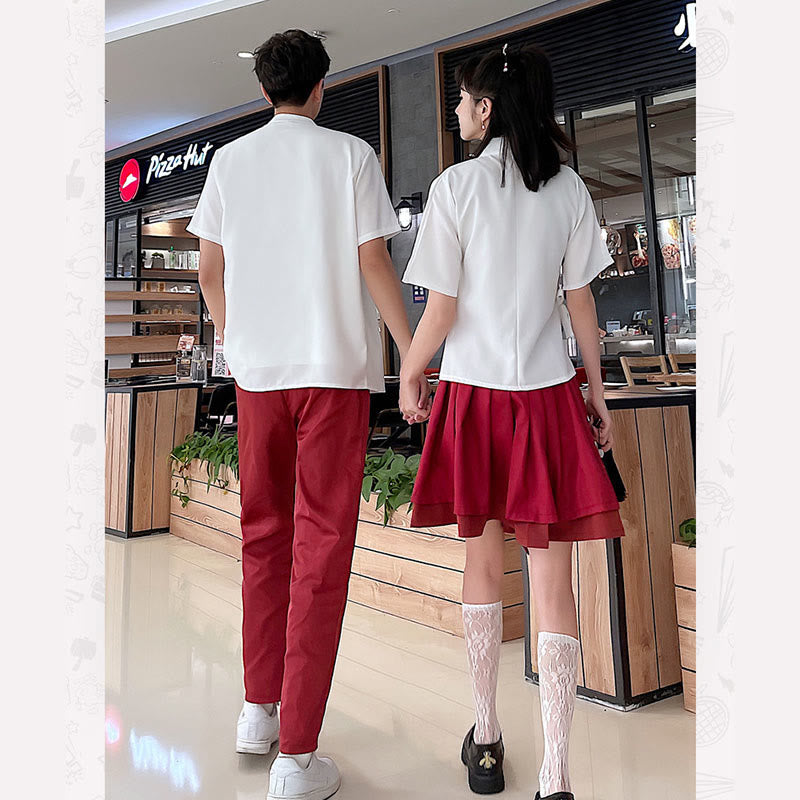 Couple Vintage Embroidery T-Shirt Lace Up Skirt Pants modakawa