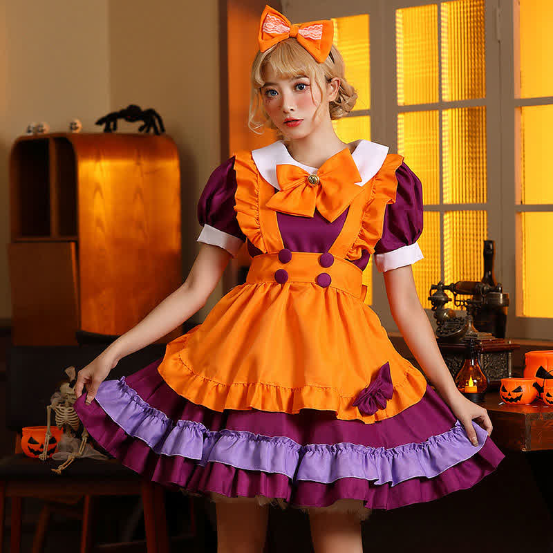 Cute Orange Bow Decor Puff Sleeve Maid Dress Modakawa