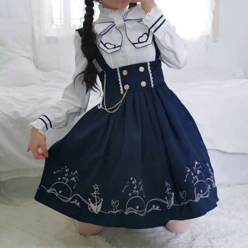 Sailor Collar Shirt Cartoon Dolphin Print Suspender Skirt modakawa