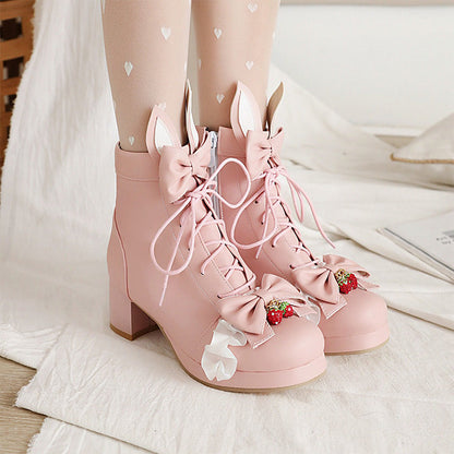 Sweet Strawberry Bow Lolita Lace Up Boots Modakawa