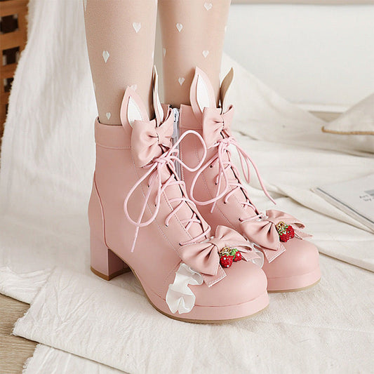 Sweet Strawberry Bow Lolita Lace Up Boots Modakawa