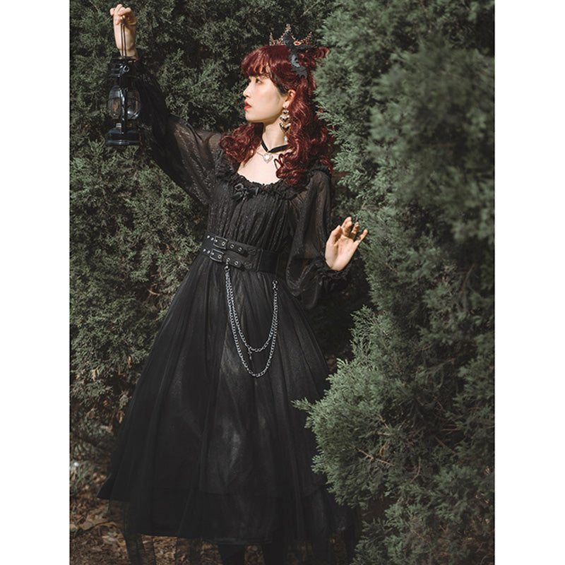 Black Chain Belt Long Sleeve Slip Lolita Dress modakawa