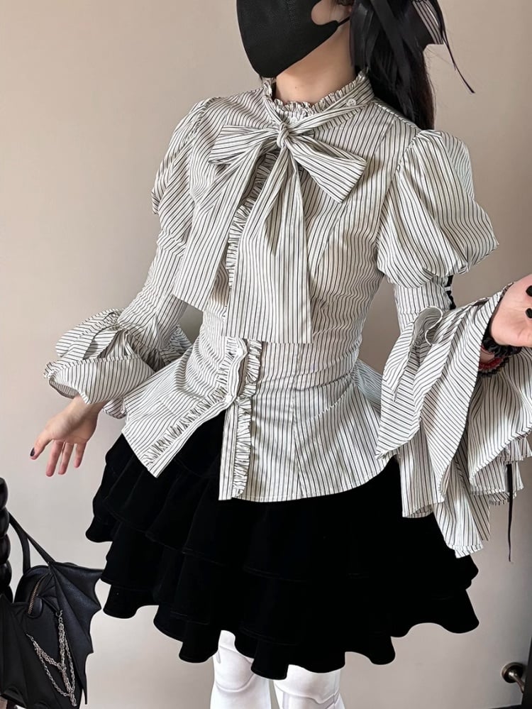 Blue Collar Layered Bell Sleeves Lolita Striped Shirt mySite