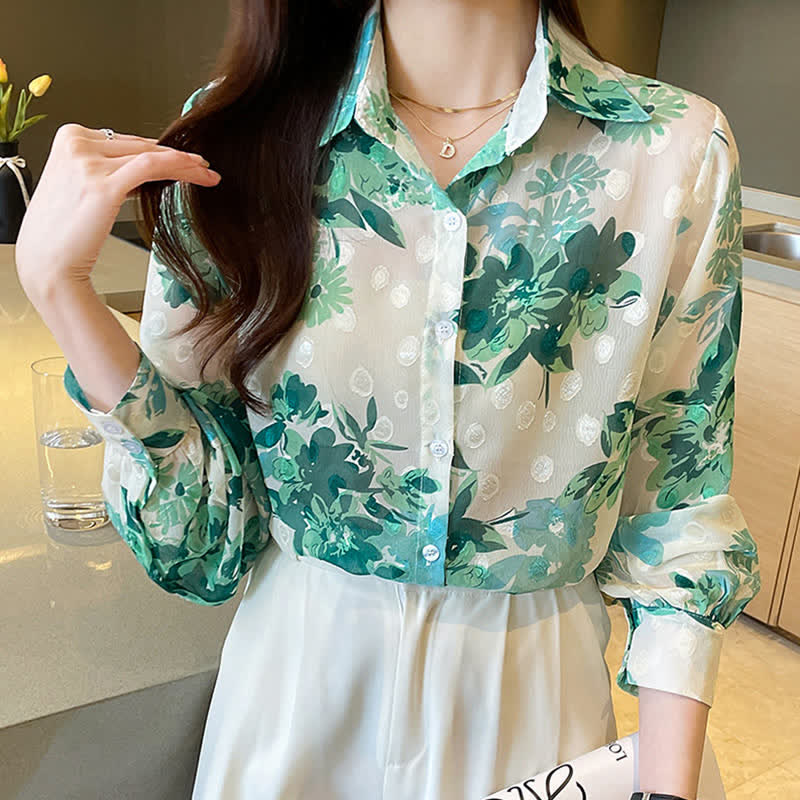 Green Floral Print Puff Sleeve Chiffon Shirt modakawa