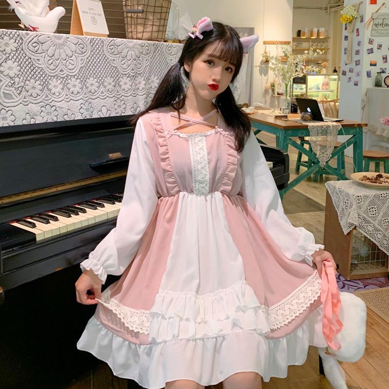 Sweet Pink Ruffle Hem Stitching Dress Modakawa