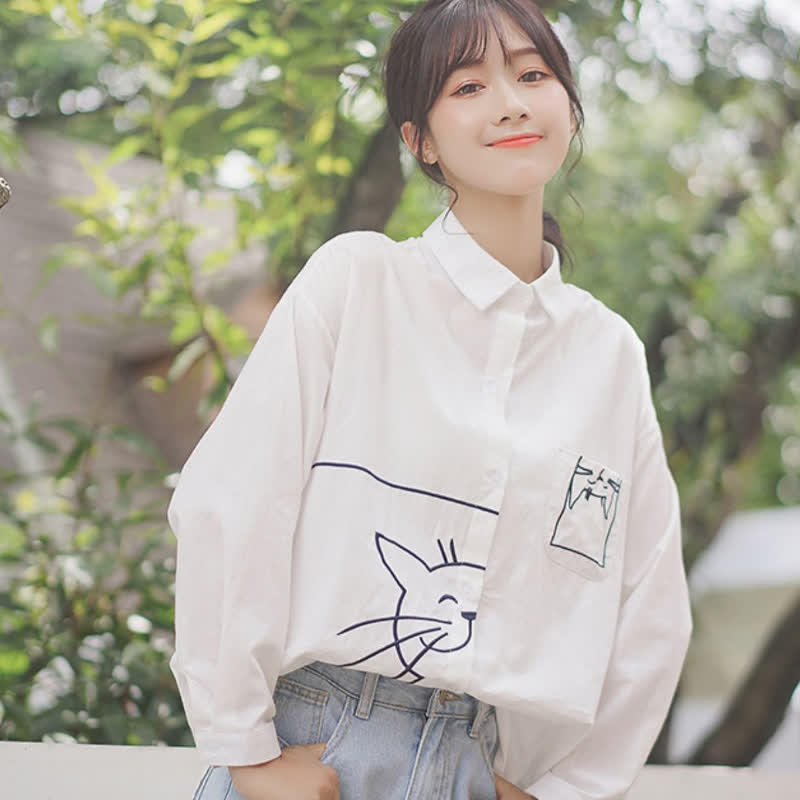 Cartoon Kitty Embroidery Pocket Loose Polo Shirt modakawa