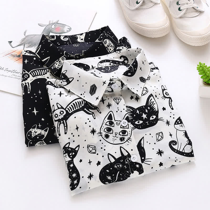 Black White Kitty Print Lapel Chiffon Shirt modakawa