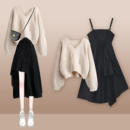 Cable Knit Sweater Lace Up Irregular Slip Dress Set modakawa