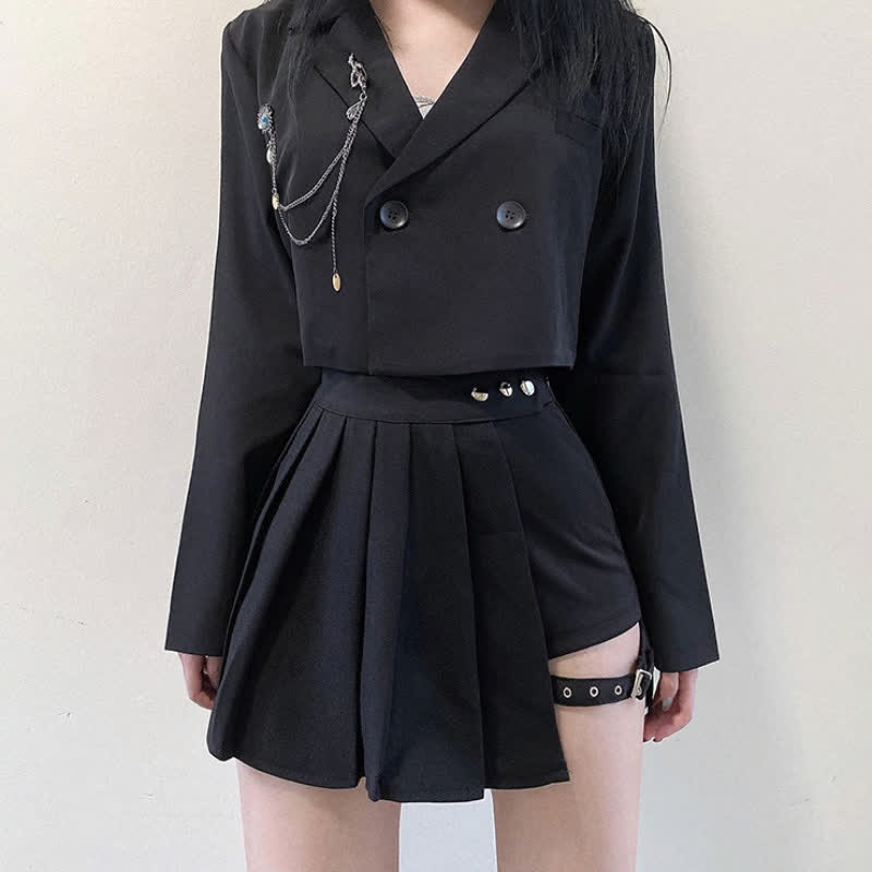 Black Gothic Chain Crop Blazer Hollow Buckle Pleated Skirt modakawa