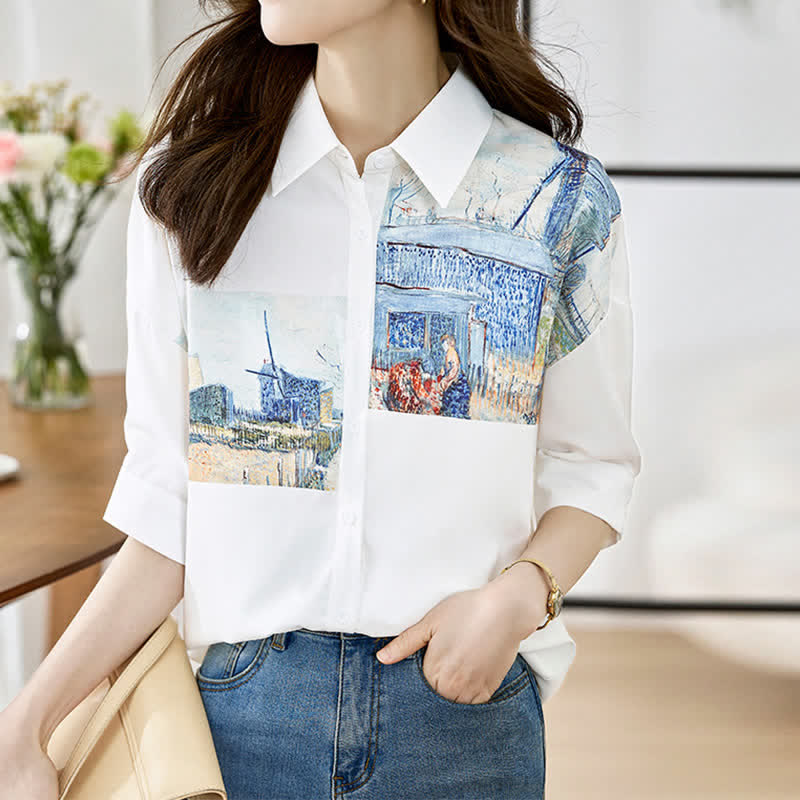 Vintage Painting Blue House Shirt modakawa