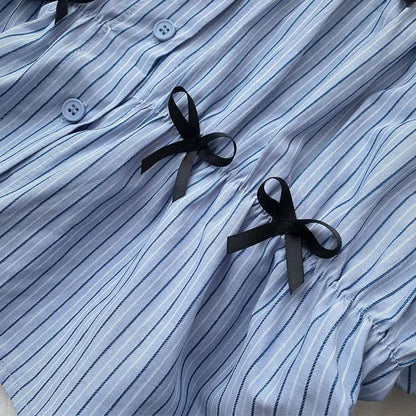 Stripe Hollow Out Puff Sleeve Bowknot T-Shirt Lace Hem Shorts modakawa