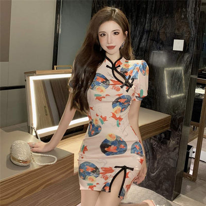 Charming Blue Floral Buckle Split Cheongsam Dress modakawa