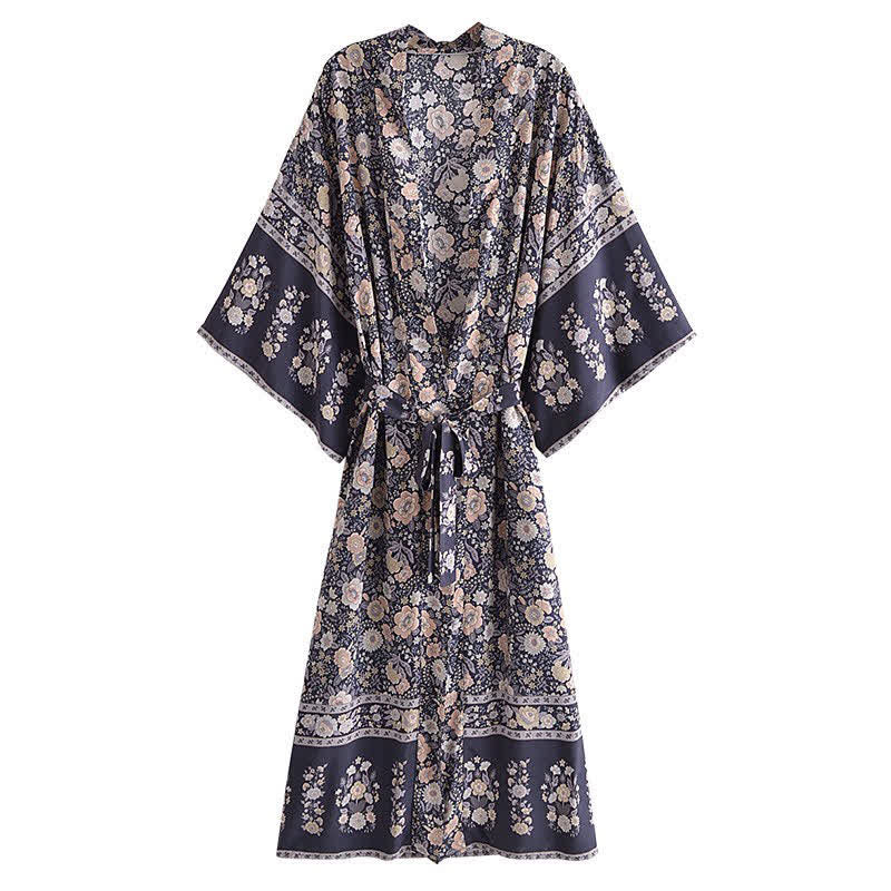 Boho Beach Print Belt Robe Long Cardigan Outerwear modakawa